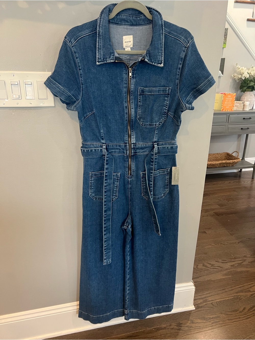 Maeve Dark Blue Denim Zip-Front Jumpsuit with Waist Tie